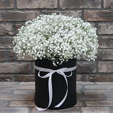 Цветочная композиция из Гипсофила в шляпной коробке в Новосибирске